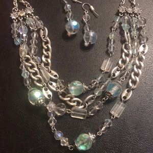 Silver & irredesent Rhinestone 4 strand drop necklace